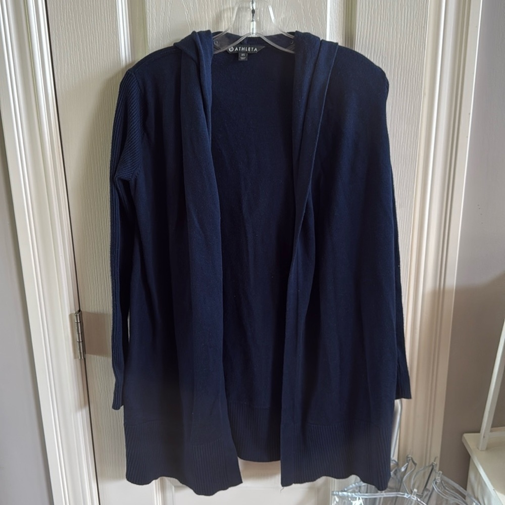 Athleta Open Front Hooded Cardigan Sweater Knit Navy Blue Size XS